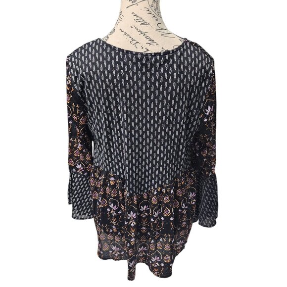 Style & Co Petite Boho Peasant Blouse Black Floral Bell Sleeve Size PL Nylon Top - Picture 13 of 15